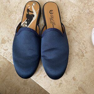DEL TORO x Vogue 125 Navy Satin George Plank Round Toe Slipper Mules Size 8
